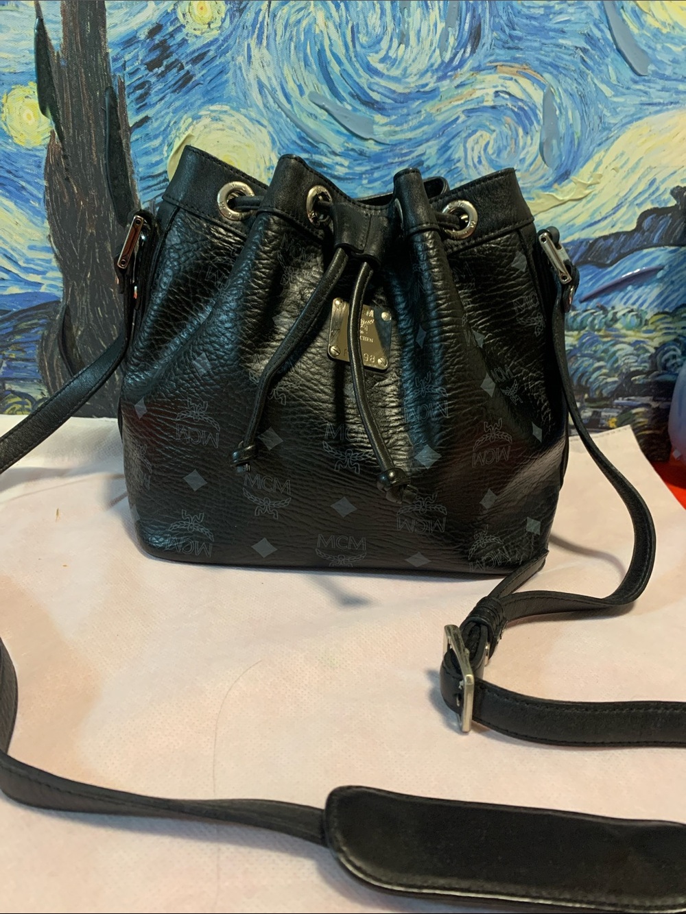 MCM Black Leather Drawstring Crossbody Bucket Bag